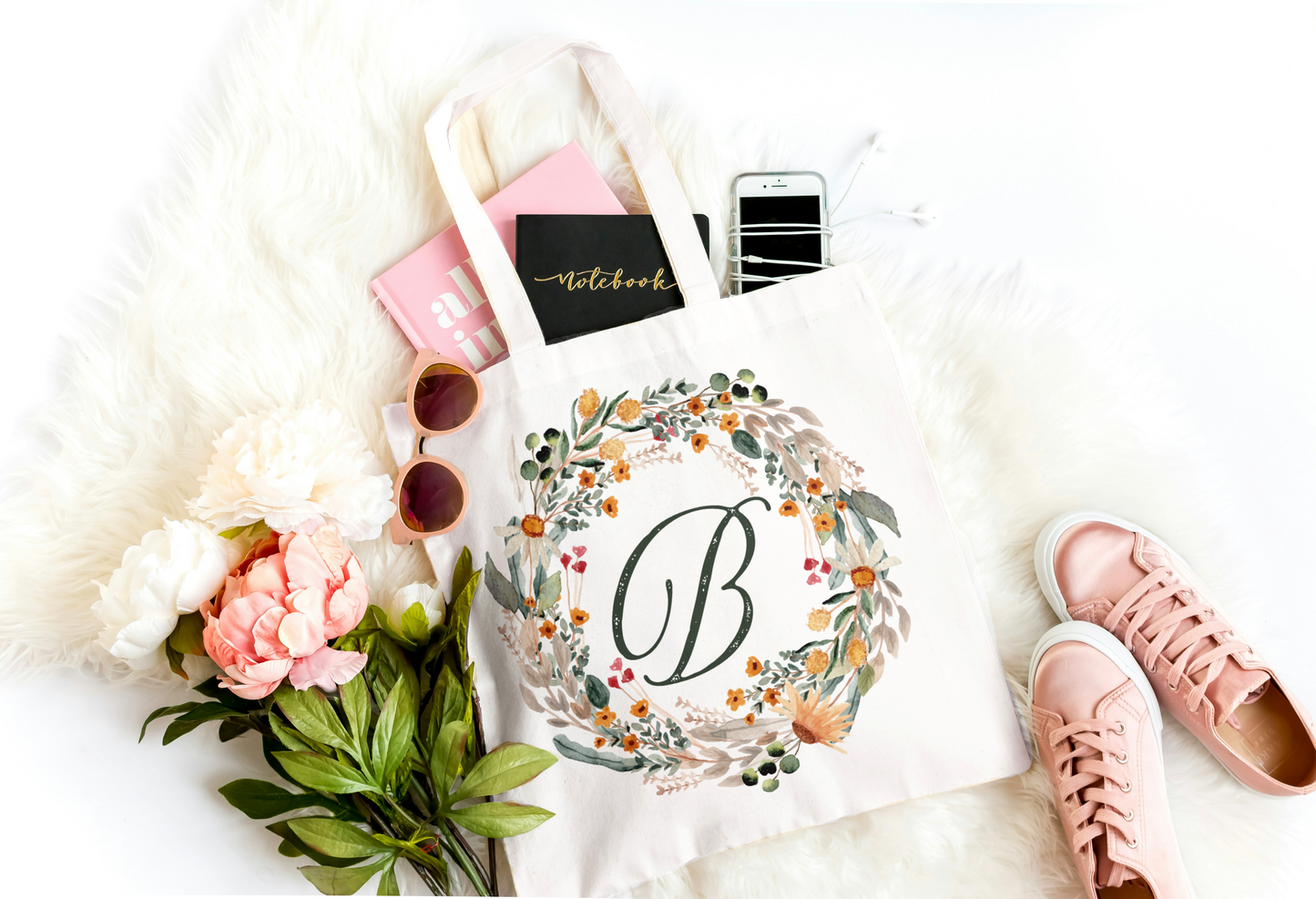 Floral Monogrammed Canvas Bag